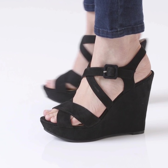 Black Strappy Caged Vamp Platform Wedge Sandals - Picture 5 of 8